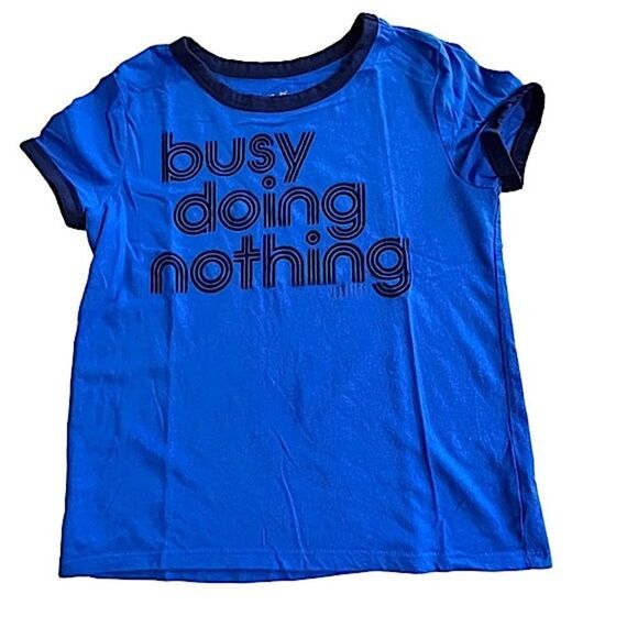 🌴 Justice ‘Busy Doing Nothing’ Graphic Girls 10 Bright Blue Ringer Tee - Picture 1 of 9